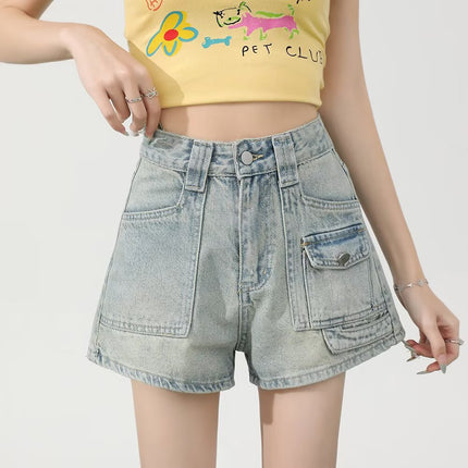 2025 Denim Shorts Women's Summer Loose Niche Design High-Waisted A-Line Workwear Multi-Flap Pocket Pants Women's Super Shorts