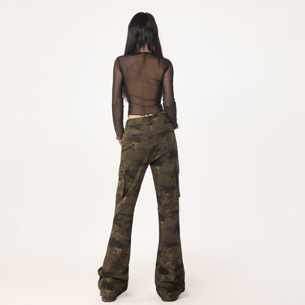 raccoon dog house# high street washed old multi-pocket camouflage Denim overalls for men and women with the same style tide brand loose straight pants