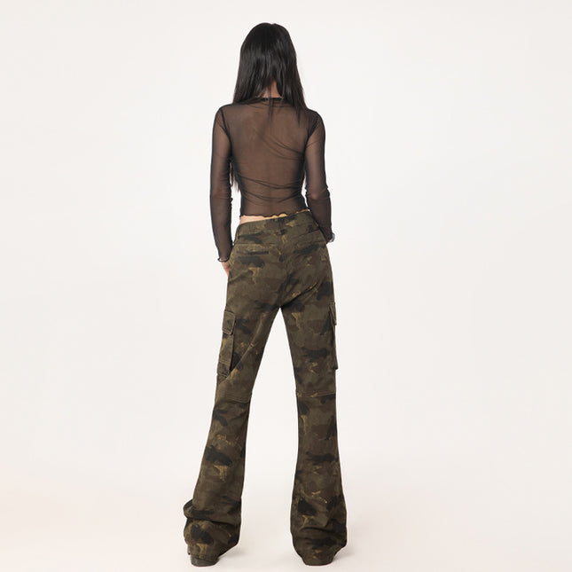 raccoon dog house# high street washed old multi-pocket camouflage Denim overalls for men and women with the same style tide brand loose straight pants