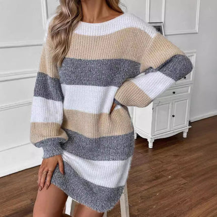 Autumn and Winter New Trendy Versatile Contrasting Striped Mid-Length Skirt Casual Style Loose Round Neck Long-Sleeved Knitted Dress