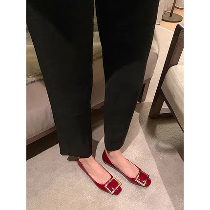 wine red Square Buckle Single-layer Shoes Women's Thick Heel Square Toe High Heel Stiletto Feet High-end French Elegant Flat Shoes