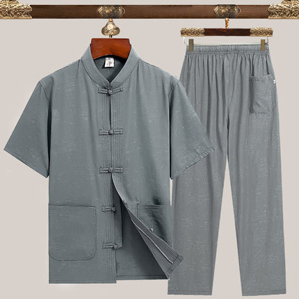 Tang Suit for Men, Summer Outfit for Middle-Aged and Elderly Men, Grandpa's Cotton and Linen Chinese Style Short-Sleeve Set, New Chinese Style
