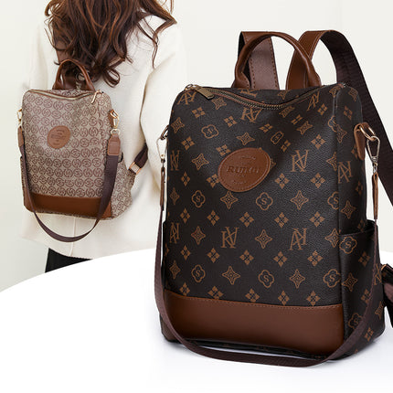 Backpack Women's Korean Style New Printed Retro Fashion Soft Leather Bag Large Capacity Work Travel Backpack Trendy