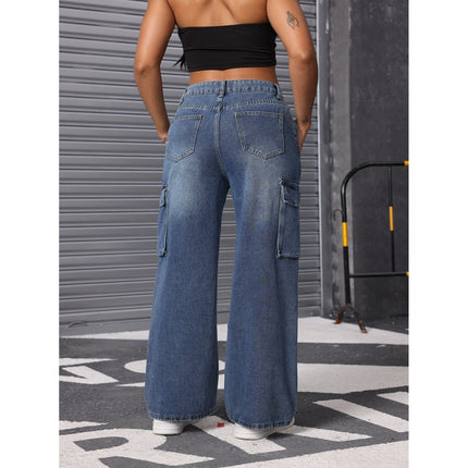 European and American Flip Large Pocket Tooling Jeans Loosen Casual Non-elastic Tooling Pants Women's Denim Tooling Pants