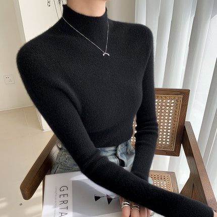 High-End Seamless Slim-Fit Cashmere Sweater for Women, Half Turtleneck, New Autumn/Winter 2024 Base Layer