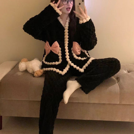 Flannel Autumn and Winter Pajamas Women's Sweet Internet Popular Ins Style Chanel Style Warm Long Sleeve Coral Fleece Home Clothes suit