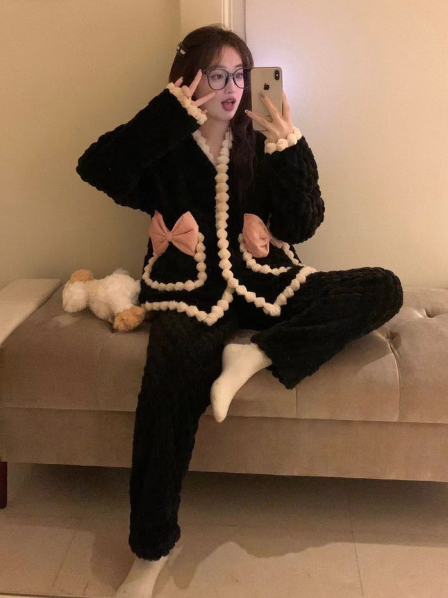 Flannel Autumn and Winter Pajamas Women's Sweet Internet Popular Ins Style Chanel Style Warm Long Sleeve Coral Fleece Home Clothes suit