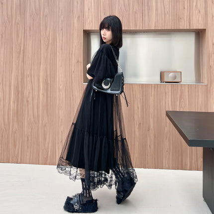Yamamoto Dark Style Mesh Patchwork Dress for Women, New Spring/Summer Loose Fit, Slimming, Fashionable, Casual, Mid-Length Dress