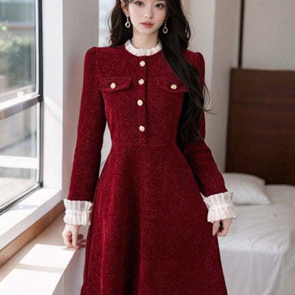 Chinese New Year's War Gown New Year Red Fragrance Style dress Women's Autumn and Winter Small Annual Meeting Dress Light Luxury