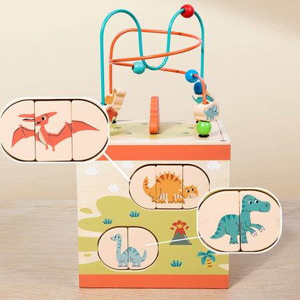 Wooden Children's Early Education Shape Matching Treasure Box Multifunctional Dinosaur Scene Puzzle Around Beads Intelligence Box Toy