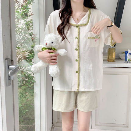 T Summer New Knitted Jacquard Cotton Flower Pattern Cute Casual Outfit Two-piece Home Clothes Women's Short Sleeve