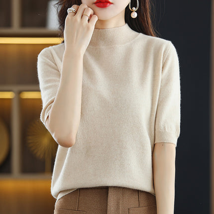 Spring and Autumn New Style Half Turtleneck Mid-Sleeve Bottoming Shirt Thin Knitwear Women's Loose Knitted Knitwear Short-Sleeved Three-Quarter Sleeve Top