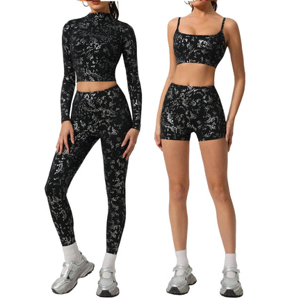 Cross-border Hot Silver Yoga Suit Advanced suit Women's Outdoor Training Running European and American Long Sleeve Fitness Suit suit