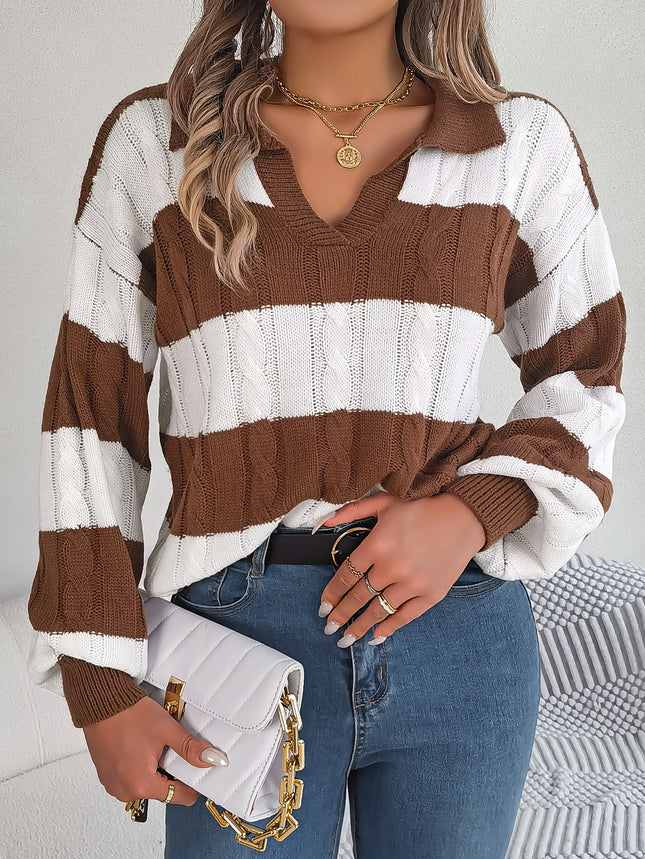 Clearance Sale Autumn and Winter Casual V-Neck Color-Blocked Cable Knit Lantern Sleeve Pullover Sweater Independent Cross-Border European and American Women's Fashion