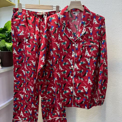 2025 Big-Name Catwalk Export Brushed Cotton Long-Sleeved Women's Pajamas Printed Casual French Outer Wear Home Clothes with Eye Mask