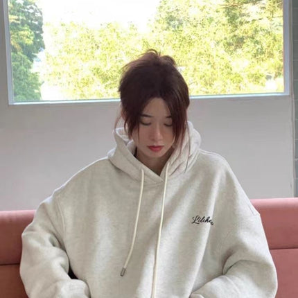 100 cotton gray puppy American-style pullover hooded sweater women's spring and autumn 2024 new loose long sleeve top