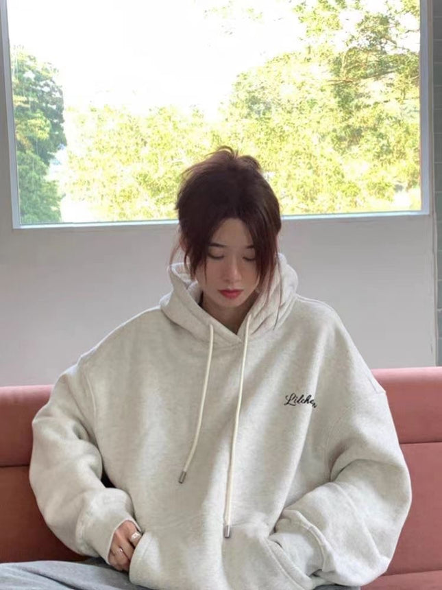 100 cotton gray puppy American-style pullover hooded sweater women's spring and autumn 2024 new loose long sleeve top