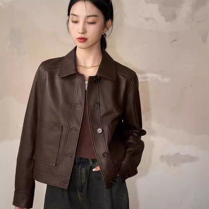 Nordic Harbour Sage Modern Full Vegetable Tanned Sheepskin Leather Coated Sheepskin Short Coat Women's Straight Leather Jacket