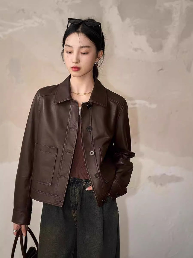 Nordic Harbour Sage Modern Full Vegetable Tanned Sheepskin Leather Coated Sheepskin Short Coat Women's Straight Leather Jacket