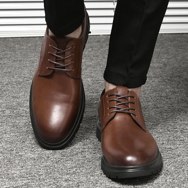 Summer Men's Business Leather Shoes Men's Head Layer Cowhide Black Casual British Inner Height Increase Lace Round Head Cowhide Dress