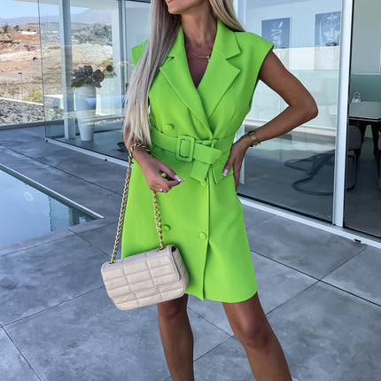 2025 cross-border women's clothing spring and summer new suit collar sleeveless double breasted slim commuter office dress with belt