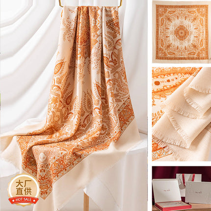 New Style Women's Silk Wool Scarf, Retro Printed Square Scarf, Sun Protection and Warm Neck Scarf, Dual-Use Decorative Scarf