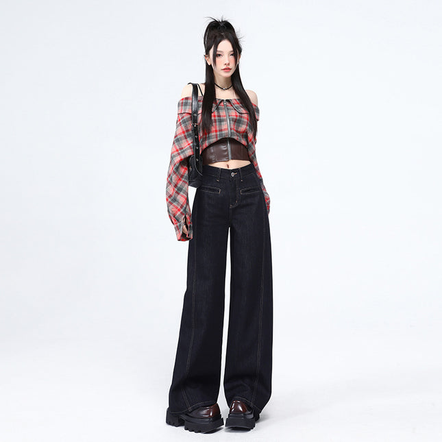 Denim Color Pocket Design High-Waisted Jeans for Women, 2025 Spring and Autumn New Style, Loose Fit, Slimming, Floor-Length Wide-Leg Pants