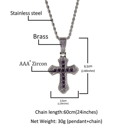 European and American Hip Hop Cross Pendant Jewelry Necklace Large Copper Set Purple Zircon Light Luxury Sweater Necklace Wholesale