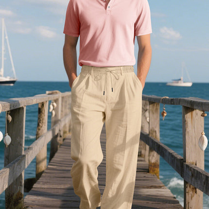 2025 European and American Independent Station Cross-Border New Men's Pure Color Drawstring Cotton and Linen Loose Casual Beach Casual Pants