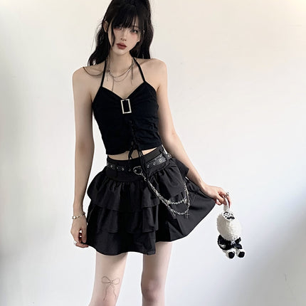 Summer hot girl waist cool tugging sister black sweet all-match puffy cake skirt a high waist short skirt