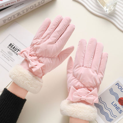Down Cotton Gloves Women's Winter Bow Fingers Plus Fleece Windproof Cold-proof Skiing Five-finger Warm Touch Screen Cycling