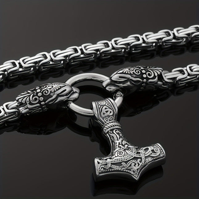 Cross-border Explosions Nordic Viking Hammer Pendant Wolf Head Necklace Men's Stainless Steel Chain Norway Retro Style Wholesale