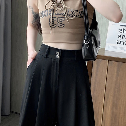 2025 Black Five-Point Suit Shorts for Women, New Autumn High-Waisted A-Line Casual Pleated Wide-Leg Shorts for Outerwear