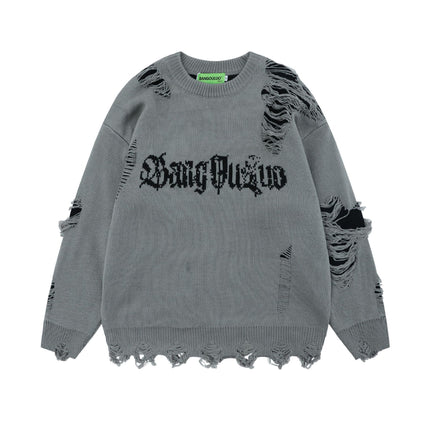 National Fashion Retro Ripped Double-sided Gothic Alphabet Jacquard Crewneck Sweater Men's and Women's Fashion Brand Loose Casual Knitted Sweater