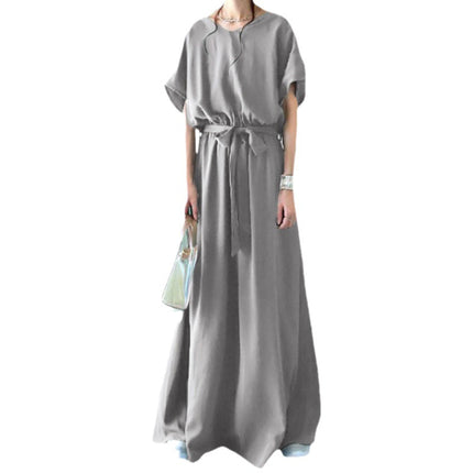 2023 cross-border Japanese skirt V-neck belt lace-up short sleeve large swing dress loose plus size mop skirt