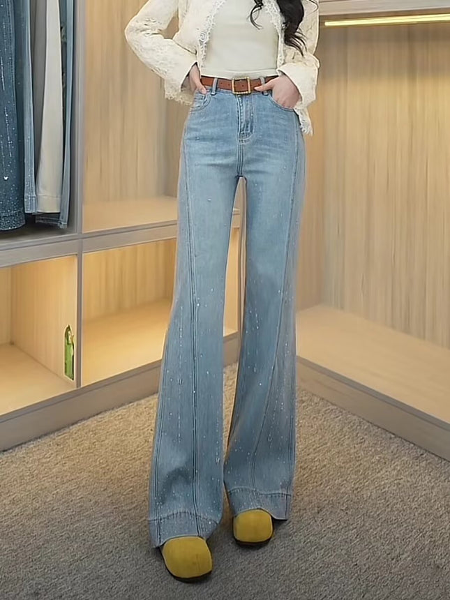 Plus Size Retro Rhinestone Stretch Jeans for Women Spring Summer High Waist Slimming Non-Stick Leg Bootcut Flared Pants