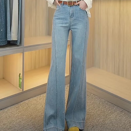 Plus Size Retro Rhinestone Stretch Jeans for Women Spring Summer High Waist Slimming Non-Stick Leg Bootcut Flared Pants