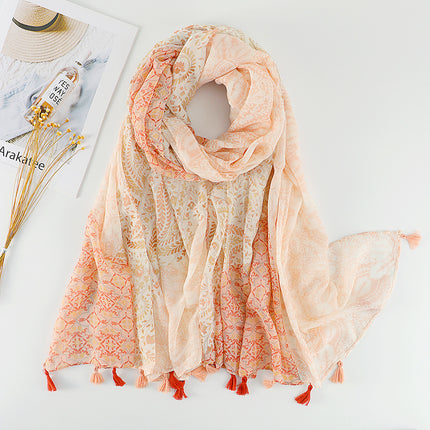 Fresh and Elegant Red Petal Mixed Printed Tassel Gauze Women's Cotton and Linen Scarf Travel Decorative Shawl