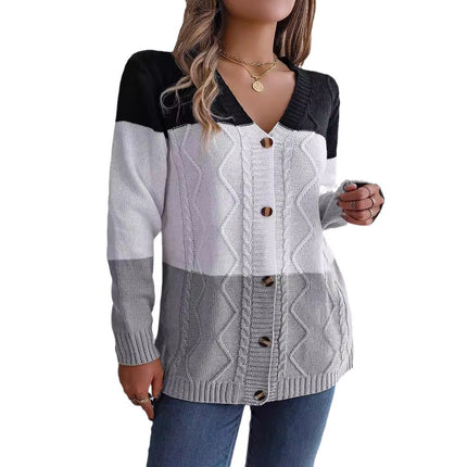 Big Sale Real Shot Autumn and Winter Casual Contrasting Color Button Long-Sleeved Sweater Cardigan Jacket Independent Station Cross-Border Women's Clothing
