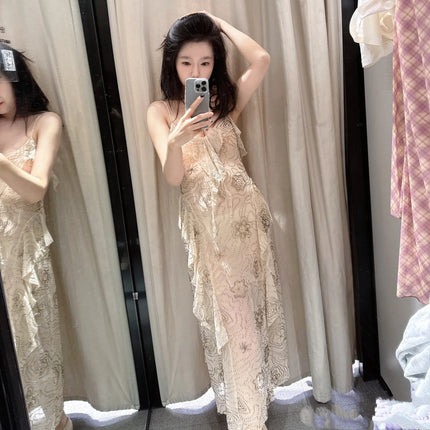 Zr Foreign Trade Cross-Border 2025 Elegant Elegant Heavy Beaded Layered Hanging Long Version Dress 4813334