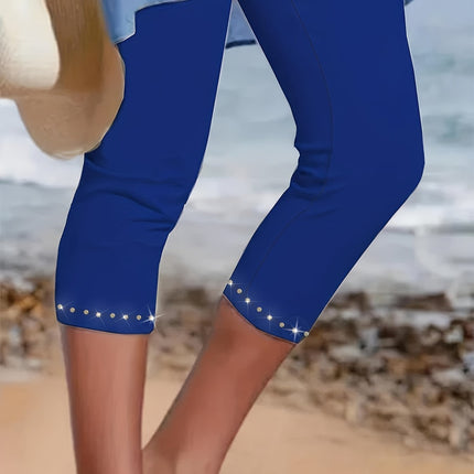 Plus Size Rhinestone Decor Capri Leggings - Casual, High-Waisted