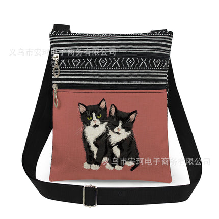 Cross-Border New Product Double Zipper Cat Print Single Shoulder Crossbody Bag Ultra-Light Cross-Border Style Messenger Bag Fashionable and Cute Women's Bag