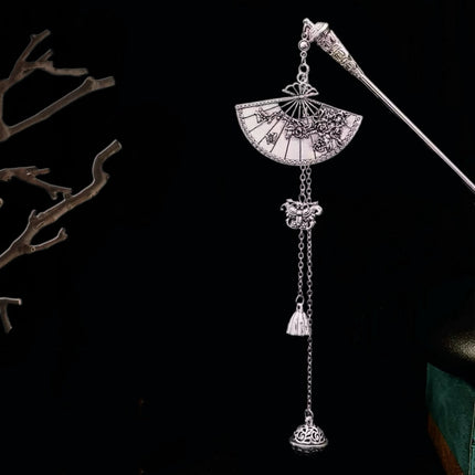 Antique Silver Fan Hanging Bell Hairpin Chinese High-end Hairpin Hair Hairpin Women's Hanfu Accessories Hair Accessories Xiuhe Headdress