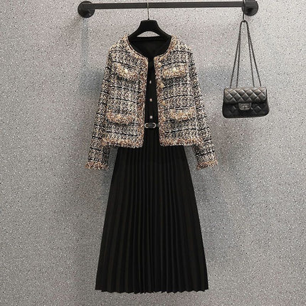 Plus Size Women's Autumn and Winter Suit 2025 New Style Cardigan Jacket Fashionable Slimming Look Versatile Dress Two-Piece Set