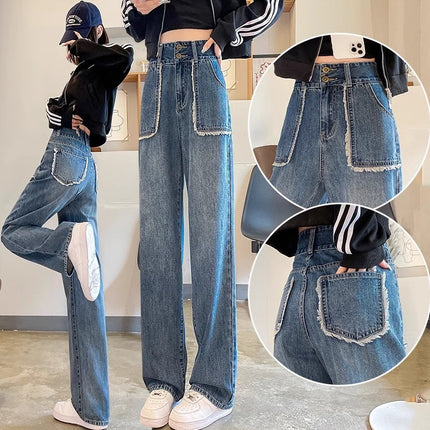 Vintage Fur-Edge Wide-Leg Jeans Women's Fashion All-Match High-Waist Slimming plus size Loose Meat-Covering Straight Long Pants