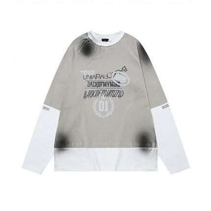 # OVDY 260g blockbuster new spray-painted fake two-piece jacket neckline shoulder stitching burr long sleeve T-shirt national tide