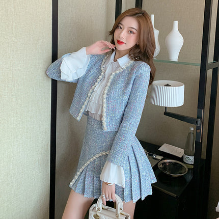 New Tweed Jacket with a Chanel-Inspired Style, Pleated High-Waisted Skirt, and Shirt Three-Piece Set with a High-End Feel for Winter