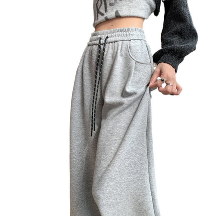 in stock Ancora Red Drawstring Sports Pants Autumn and Winter High Waist Casual Slimming Wide Leg Pants Women's Fleece-Led Pants