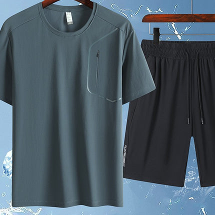 25 Summer Ice Silk Sports and Casual Large Size Short Suit Men's Summer Ice Silk Quick-Drying Ice Silk Two-Piece Running Suit