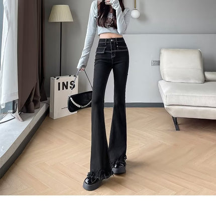 High-Waisted Frayed Flared Jeans for Women, Spring and Autumn Vintage Slim-Fit Stretchy Floor-Length Slimming Casual Versatile Pants